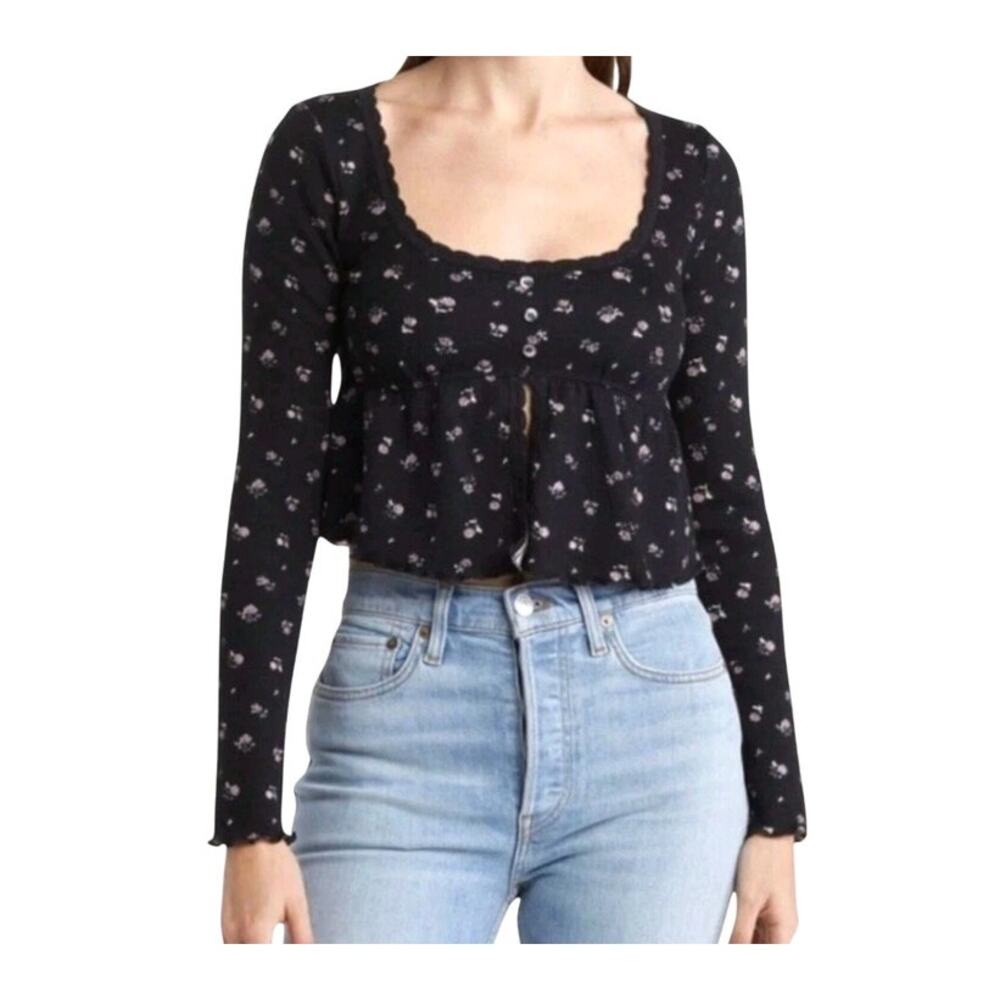 Kirious Women's Babydoll Long Sleeve Thermal Top SZ Medium Y2K Floral Whimsigoth